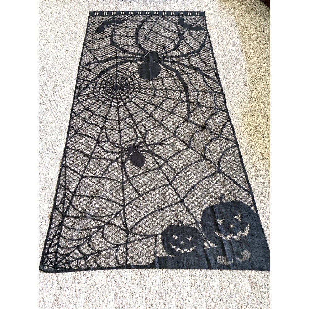 Halloween Black Lace Spider Web Jack O Lantern Curtain Door Panel 80 x 36 inches